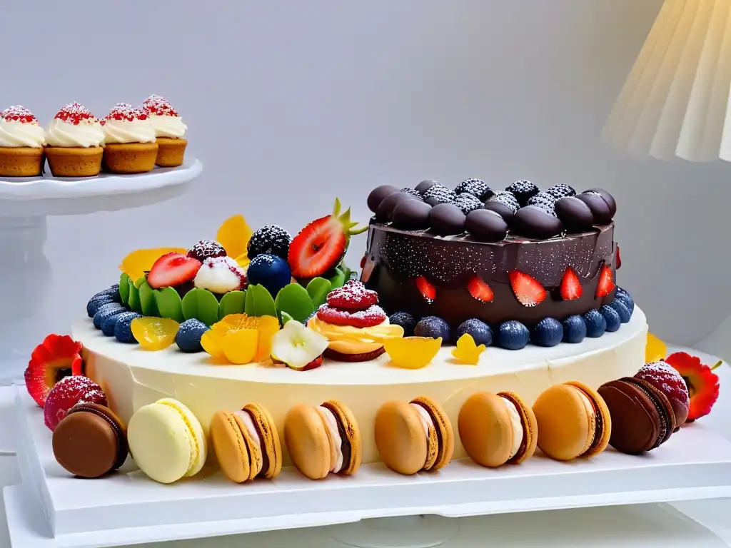 Postres icónicos para merchandising: mesa elegante con macarons, cupcakes, cake pops y pasteles decorados con detalle y elegancia