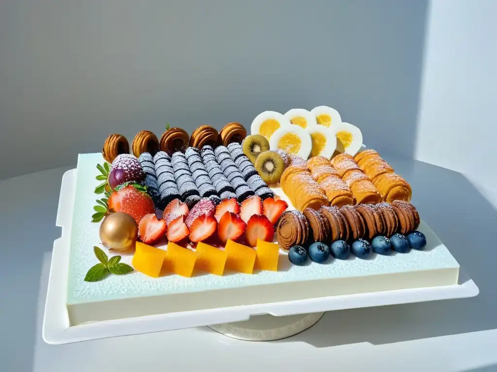 Postres inspirados en el arte romano: dulces decorados como mosaicos romanos en una bandeja blanca