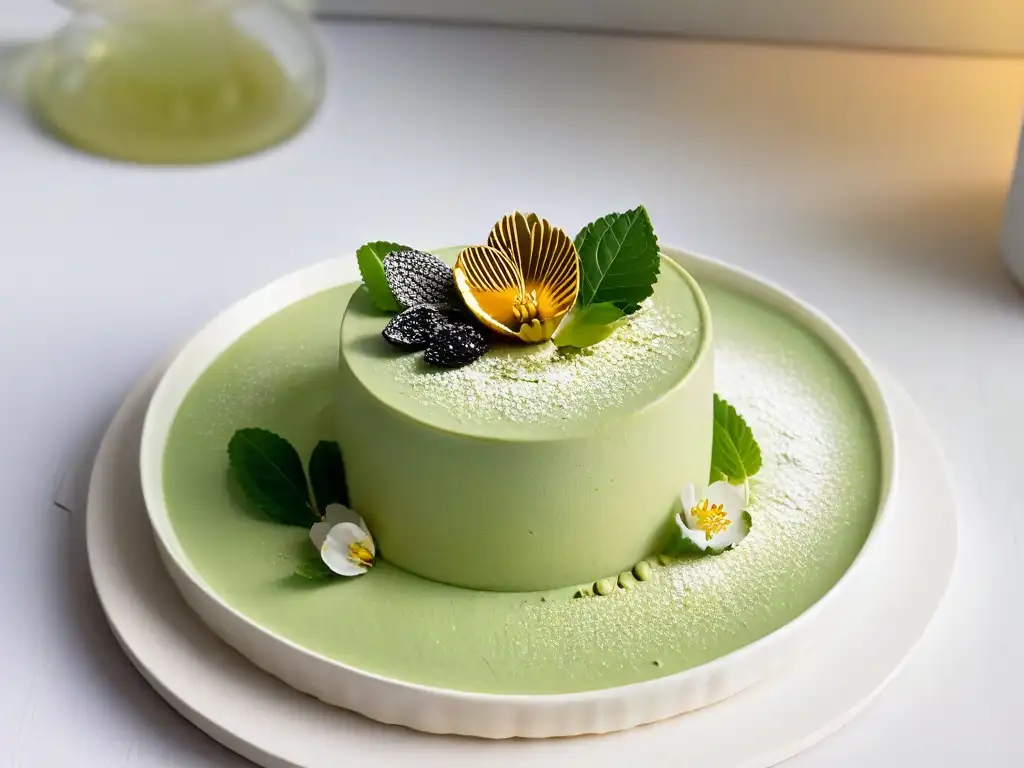 Postres japoneses delicados para paladares exigentes: exquisita mousse de té verde matcha con copos de oro y flor de cerezo