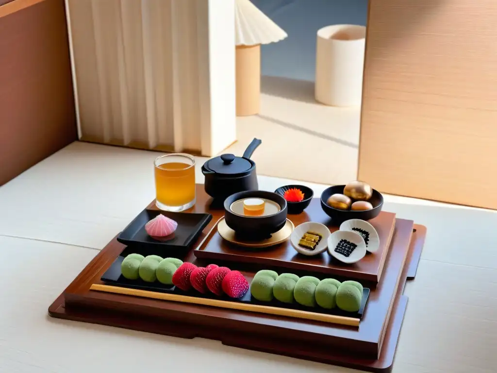 Postres japoneses delicados para paladares exigentes: Escena serena de una ceremonia del té japonesa en una sala de tatami tranquila