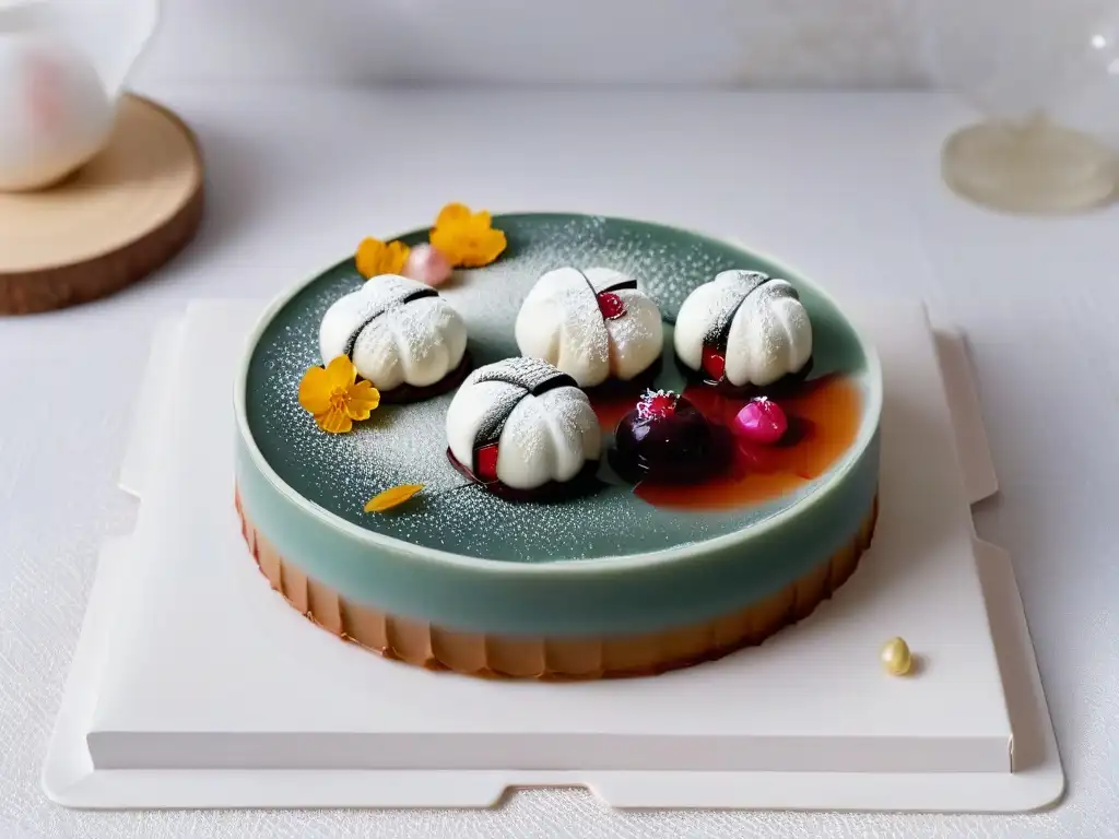 Postres japoneses delicados para paladares exigentes: Mochi de pasta de frijol rojo en porcelana blanca con motivos de cerezo