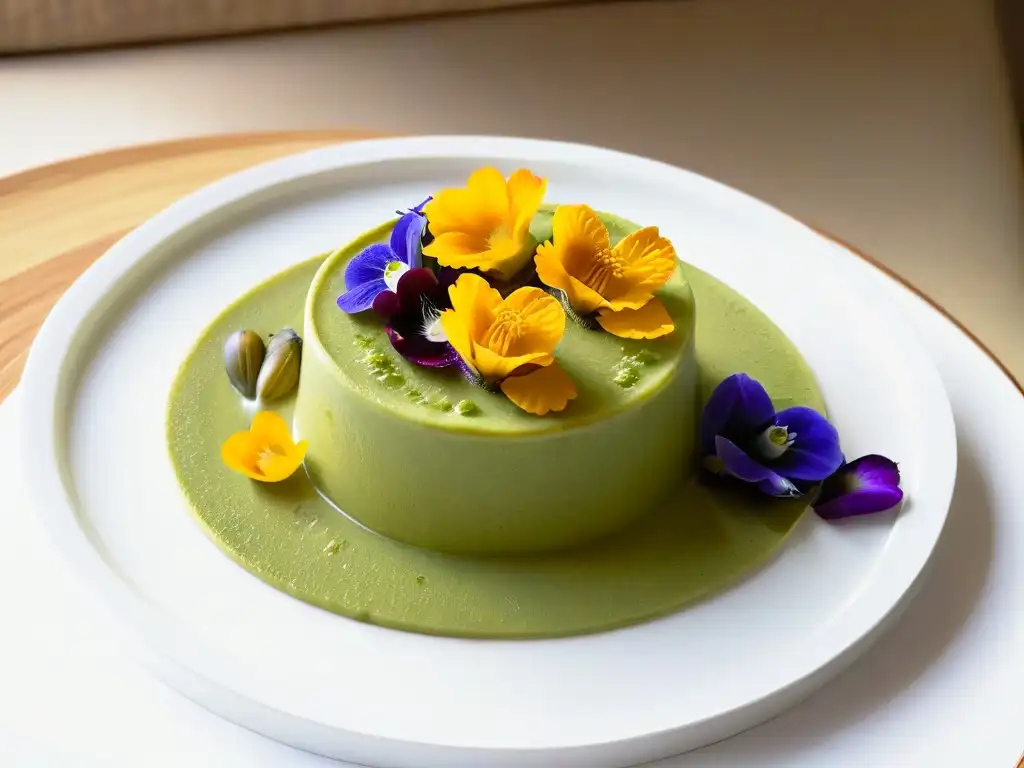 Postres de fusión latinoasiáticos deliciosos: Flan de té matcha con plátano caramelizado y flores comestibles en plato blanco