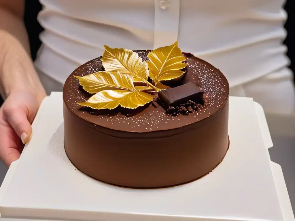 Decoración de postres de lujo con técnicas avanzadas: una mano coloca delicadamente una hoja de oro en un postre de chocolate