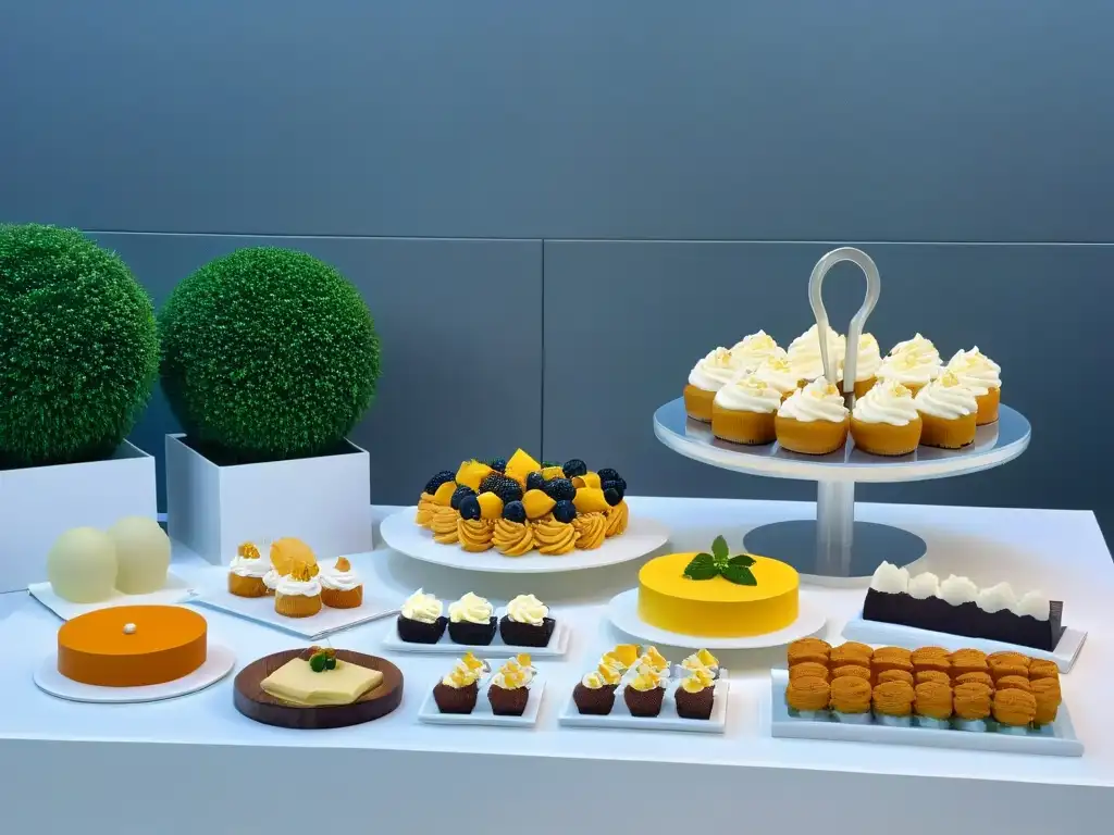 Postres minimalistas para eventos: mesa elegante con dulces en platos modernos y luces suaves