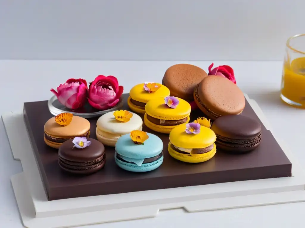 Postres modernos diseño colores: Macarons vibrantes en elegante presentación con texturas y colores que impactan