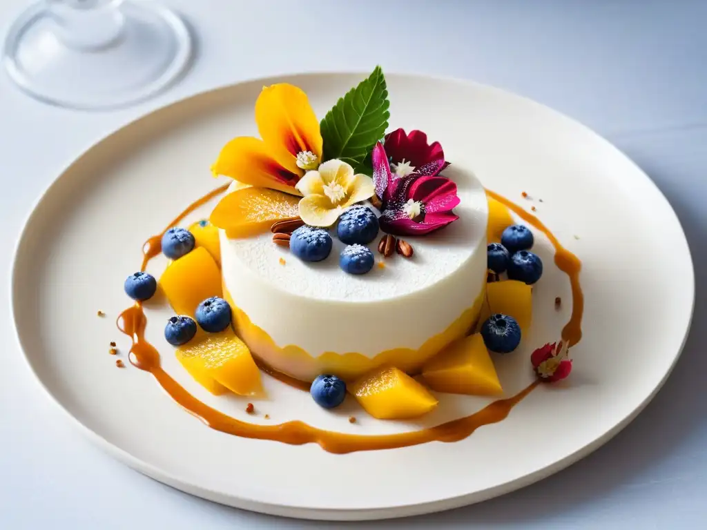 Postres multisensoriales influenciados por cultura: Delicado postre decorado con flores comestibles y frutas exóticas en un elegante plato blanco