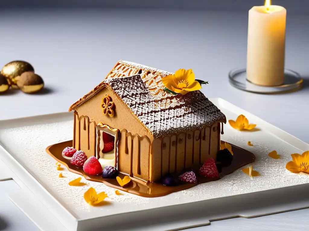 Innovación en postres de Nochebuena: Elegante postre navideño de casa de jengibre descontruida en plato blanco con decoraciones artísticas