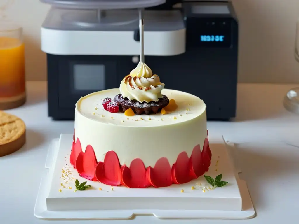 Postres personalizados con impresión 3D: Una impresionante impresora 3D creando un detallado adorno de pastel