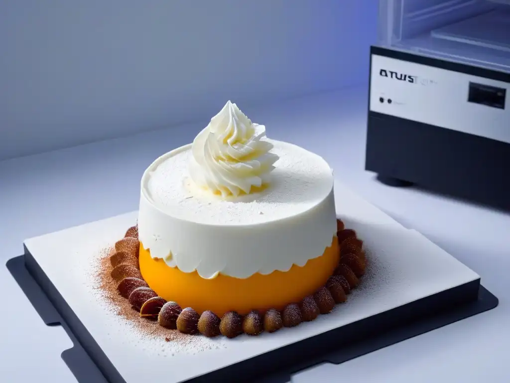 Guía impresión 3D postres principiantes: Una impresionante impresora 3D creando un postre futurista delicado y vibrante en alta resolución