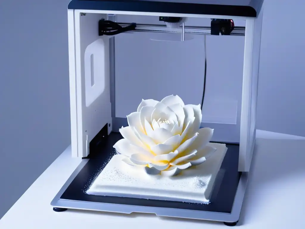 Guía impresión 3D postres principiantes: Impresora 3D creando escultura de postre detallada en tonos grises futuristas