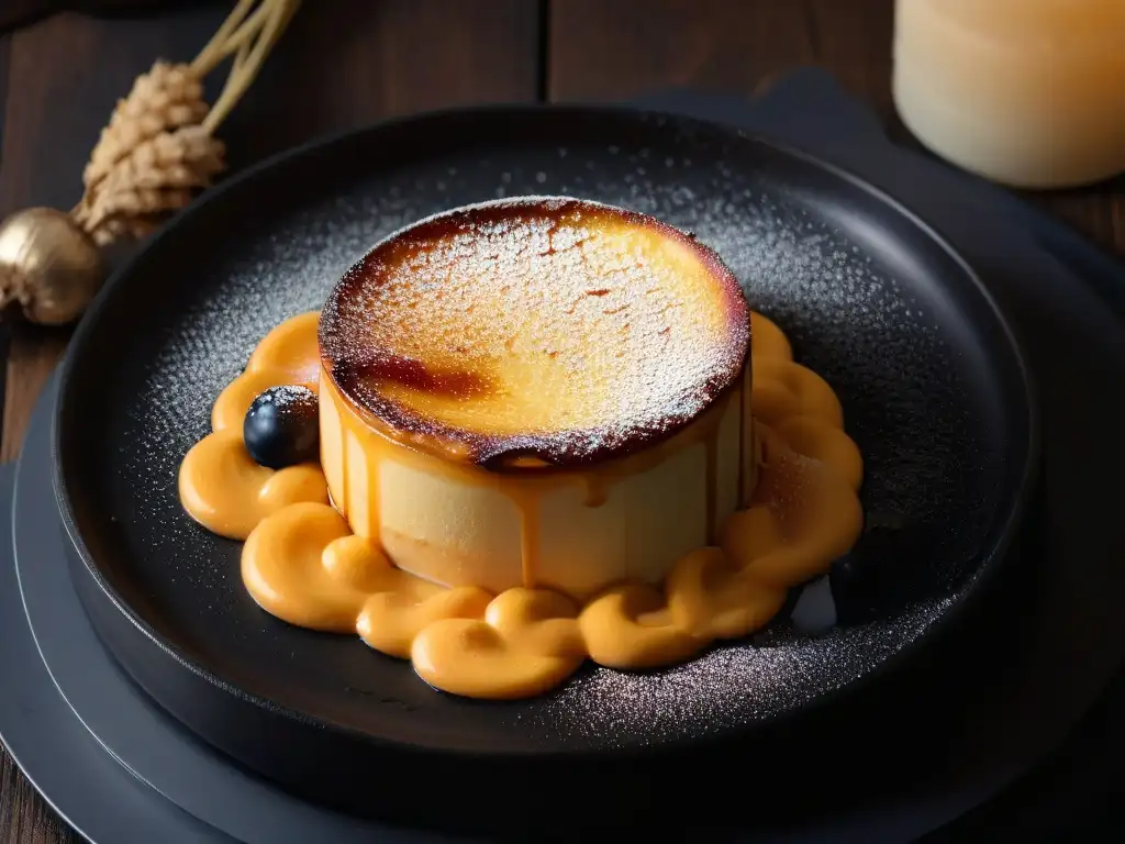 Fotografía de postres profesionales: Detalle exquisito de un crème brûlée perfectamente caramelizado en un plato negro