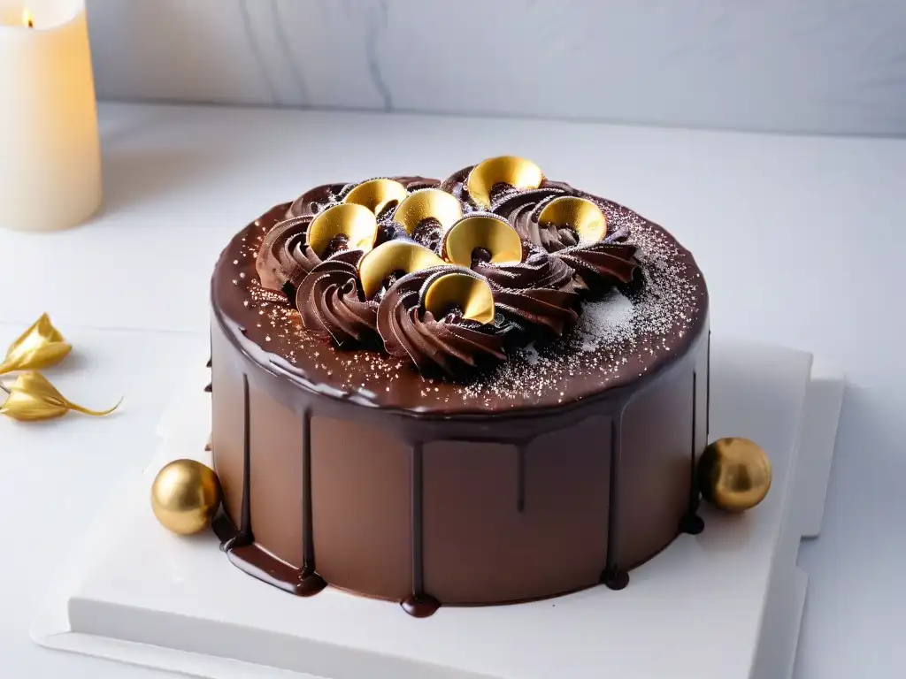 Fotografía de postres profesionales: Detalle de una tarta de chocolate decorada con precisión sobre mármol blanco, reflejando luz suave