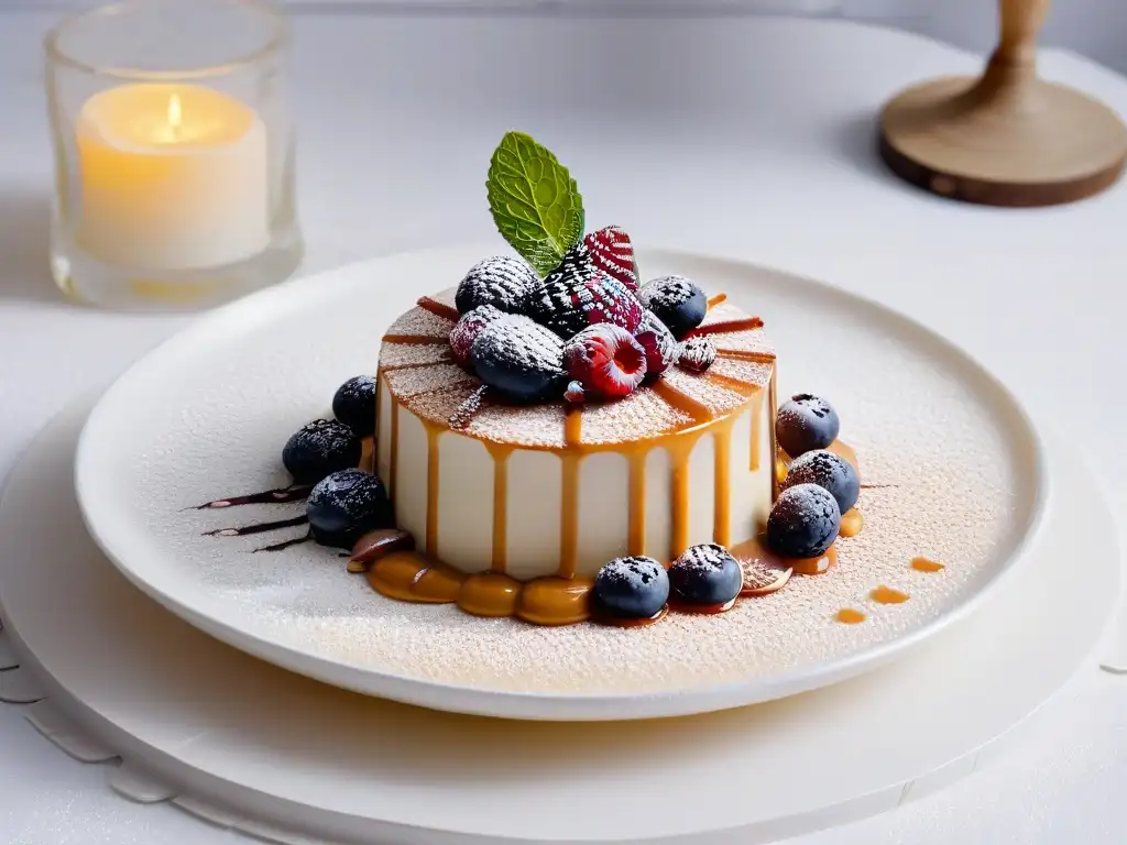 Fotografía de postres profesionales: Exquisito postre en plato blanco con colores vibrantes y detalles intrincados