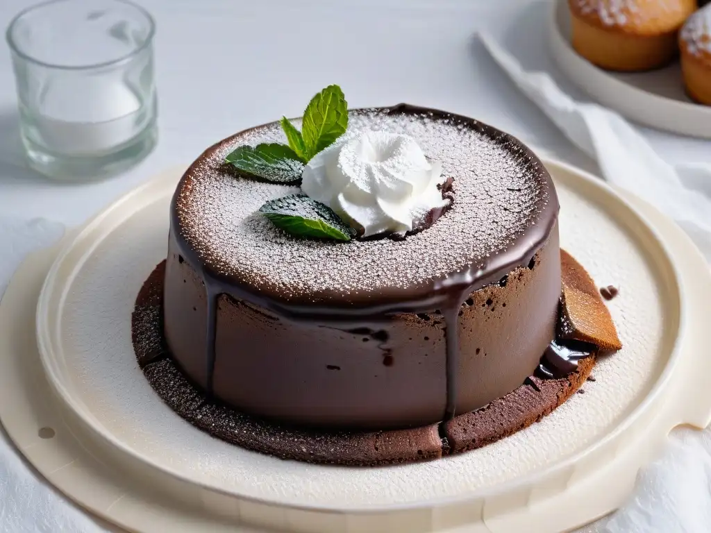 Fotografía de postres profesionales: Tentador pastel de lava de chocolate con menta fresca en un elegante plato blanco