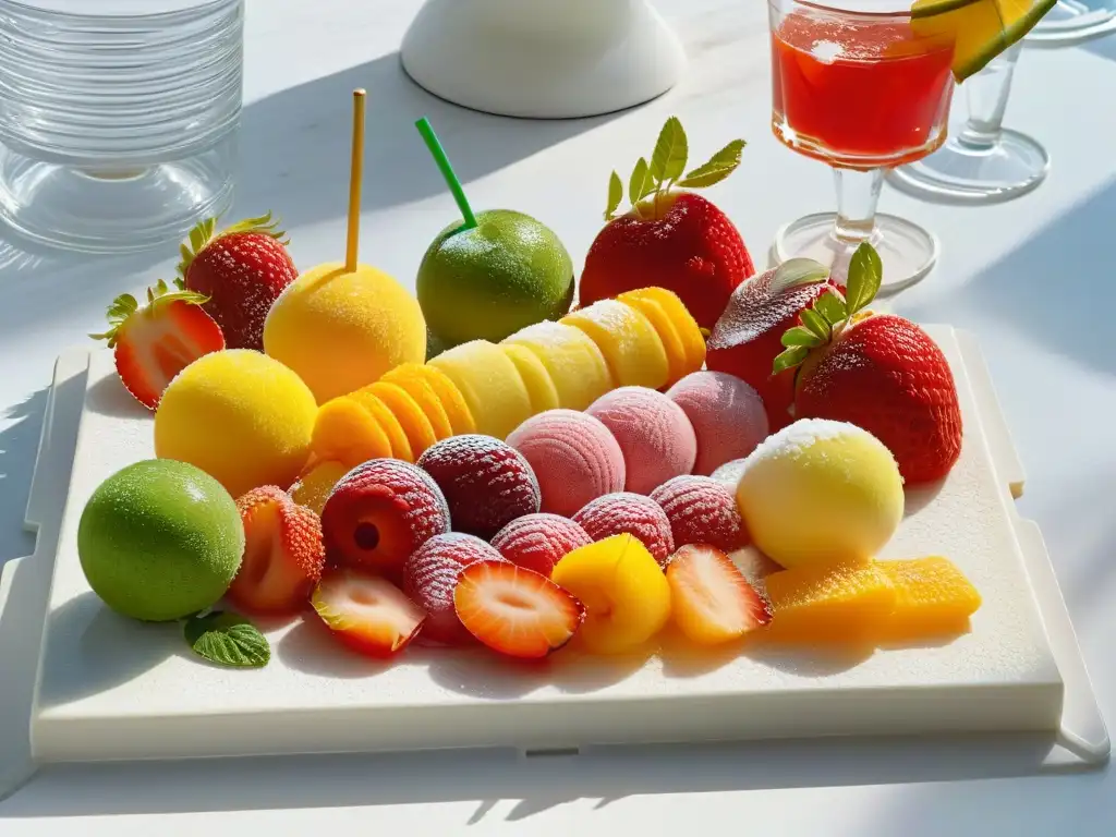 Postres refrescantes para barbacoas de verano: coloridos sorbetes y cócteles frutales en mármol blanco brillante bajo el sol de verano