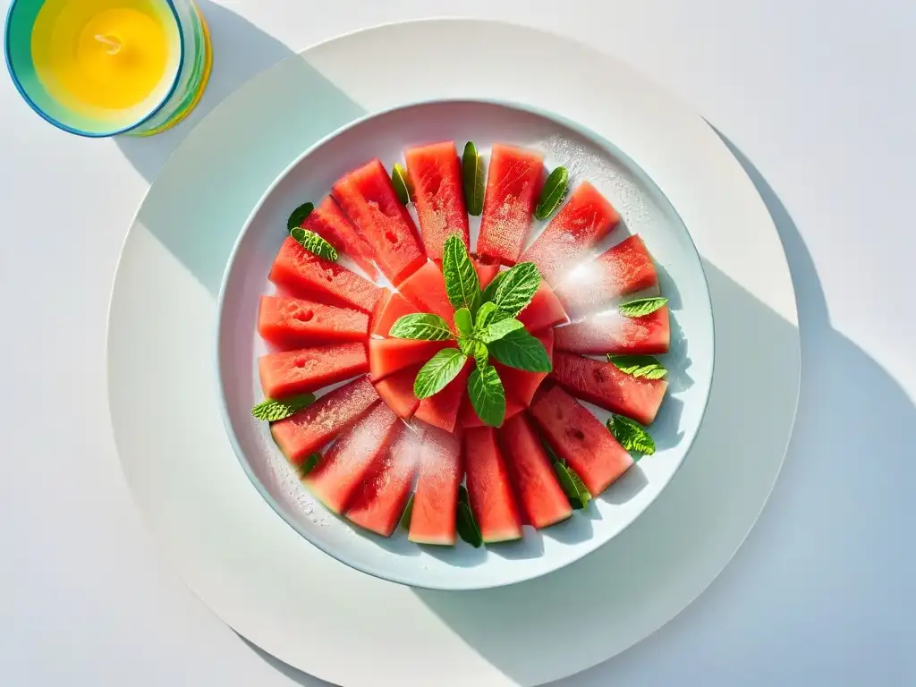 Postres refrescantes para barbacoas de verano: Ensalada de sandía y menta en un bol moderno, con gotas de agua brillando al sol