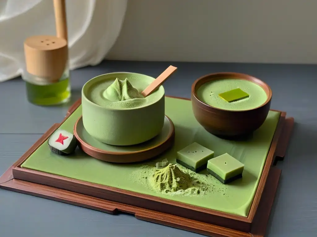 Postres para rituales de té: Una escena elegante y minimalista de un set de té japonés con matcha y wagashi en una mesa de madera