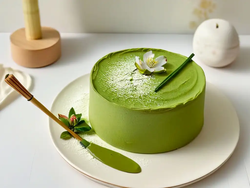 Postres para rituales de té: Pastel de matcha japonés con cereza en plato de cerámica, polvo de matcha y batidor de bambú