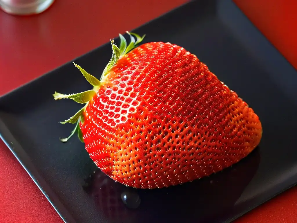 Postres saludables sin culpa: Detalle de una fresa madura y jugosa rebanada en un elegante plato negro