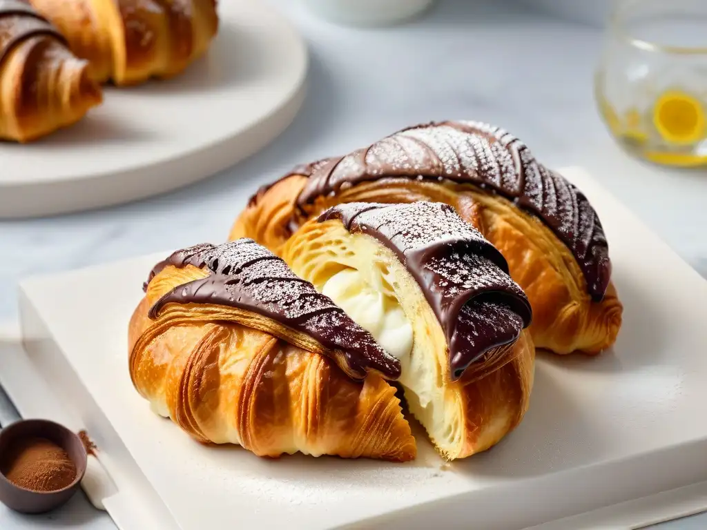 Postres keto saludables y deliciosos: Detalle de croissant dorado y escamoso con relleno de chocolate avellana sin azúcar