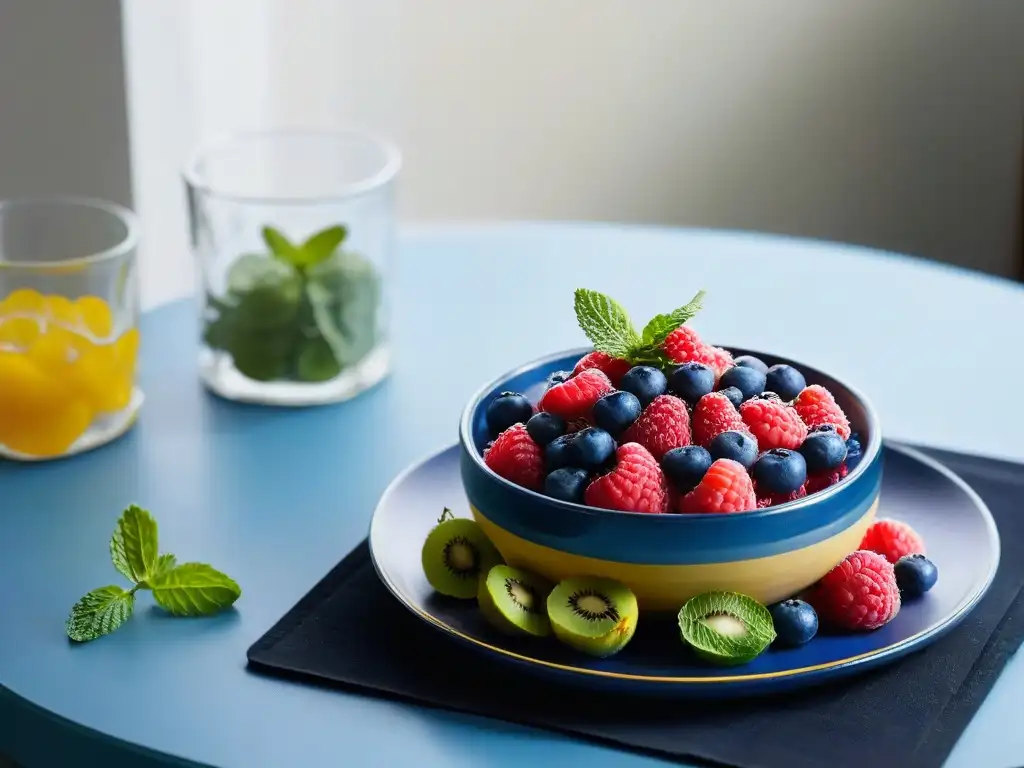 Postres saludables con edulcorantes: una cocina moderna con frutas frescas y coloridas, iluminadas suavemente