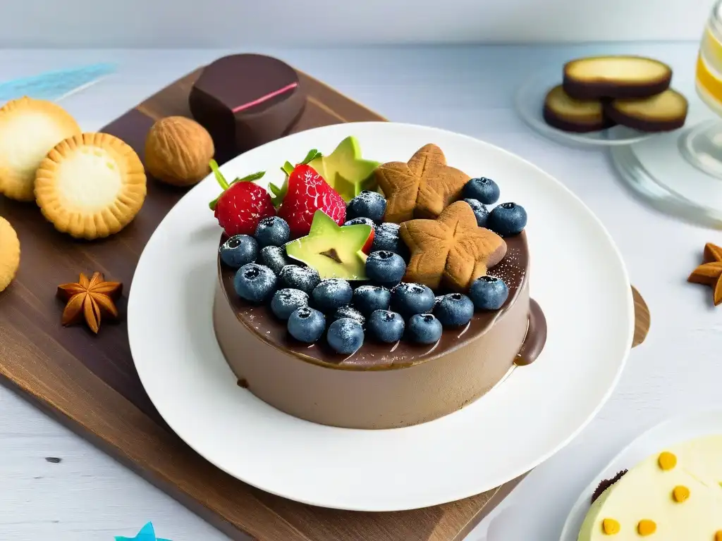 Postres saludables para niños en elegante presentación: cheesecakes, trufas de chocolate y galletas de almendra en forma de estrellas