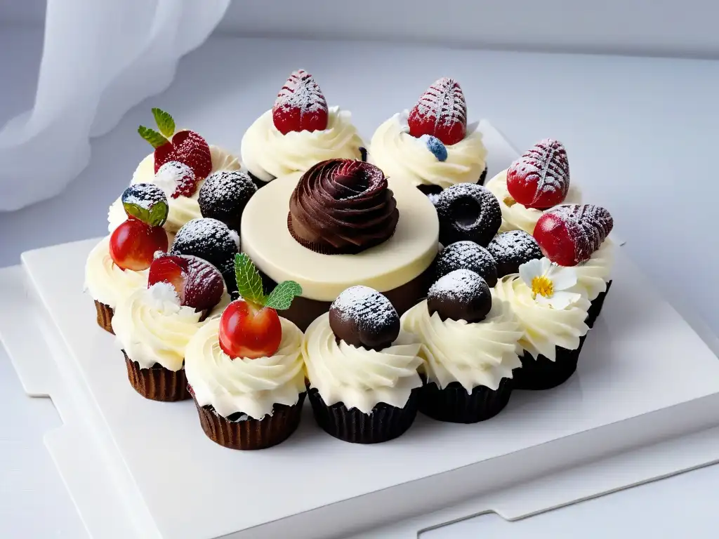 Postres saludables para niños: una exquisita selección de dulces keto coloridos y detallados en un plato blanco moderno