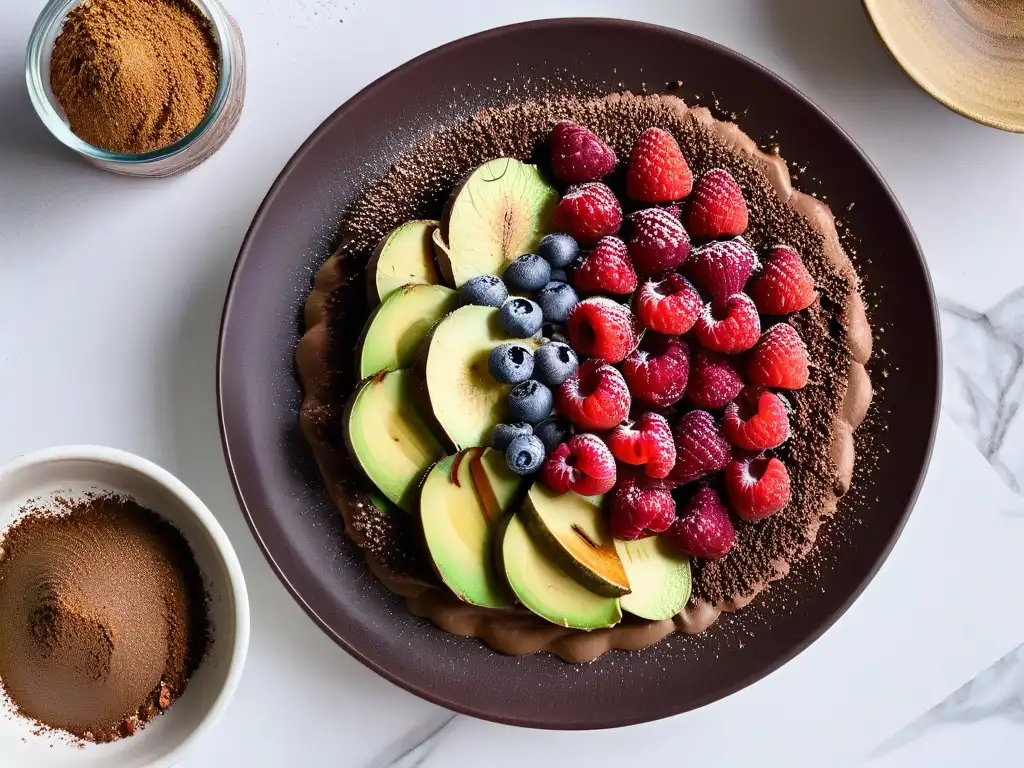 Postres saludables con superfoods: Deliciosa mousse de aguacate y chocolate con frambuesas frescas y semillas de chía