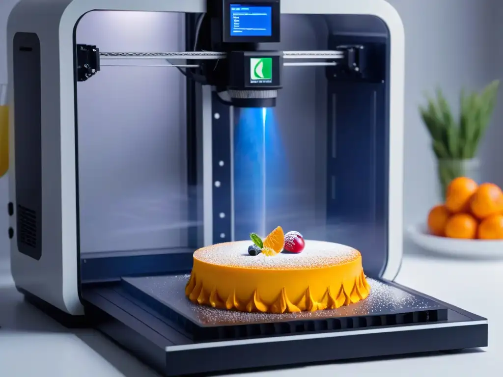 Postres seguros para alérgicos: 3D printer elaborando un colorido postre con precisión y detalle