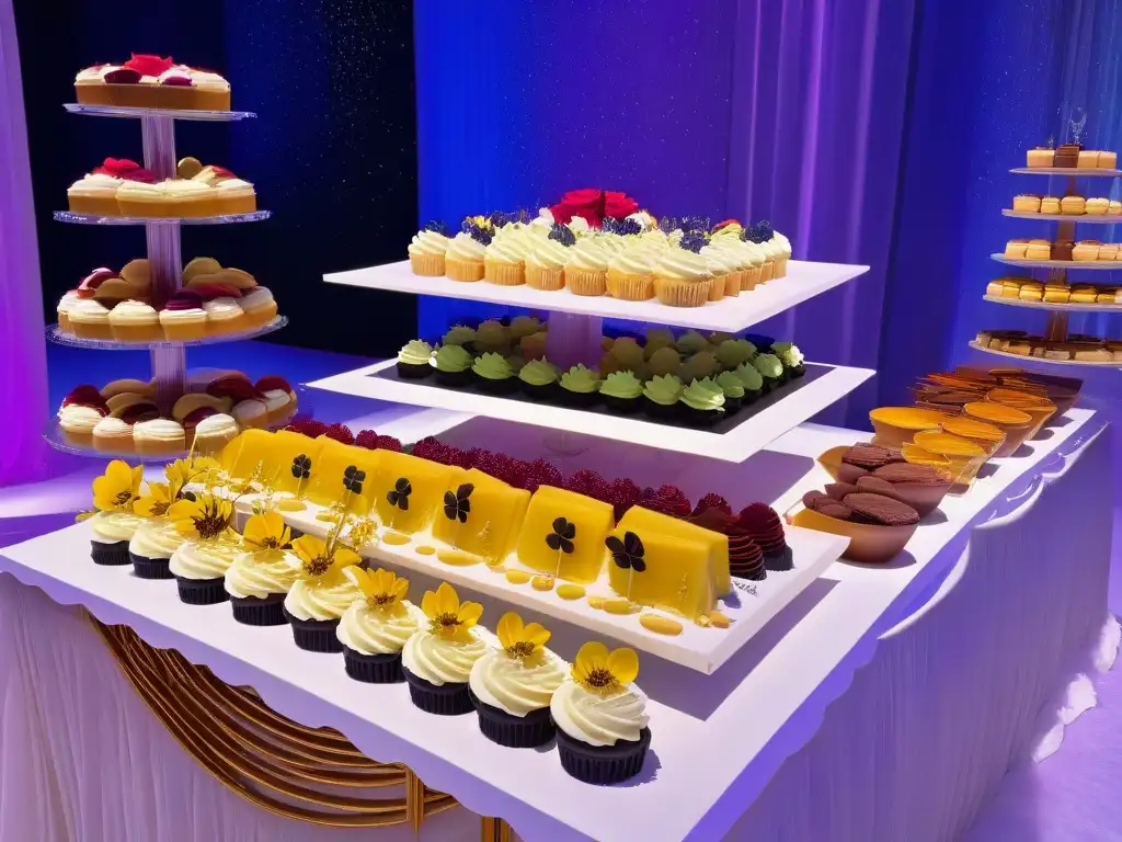 Postres temáticos para eventos corporativos: Mesa elegante con cupcakes, macarons y mini pasteles adornados, en un espacio moderno y sofisticado