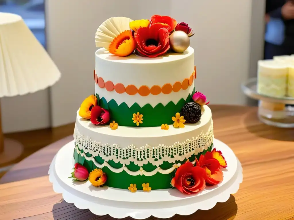 Postres tradicionales para boda multicultural: Tres niveles de pastel de boda con diseño de papel picado y flores de azúcar vibrantes