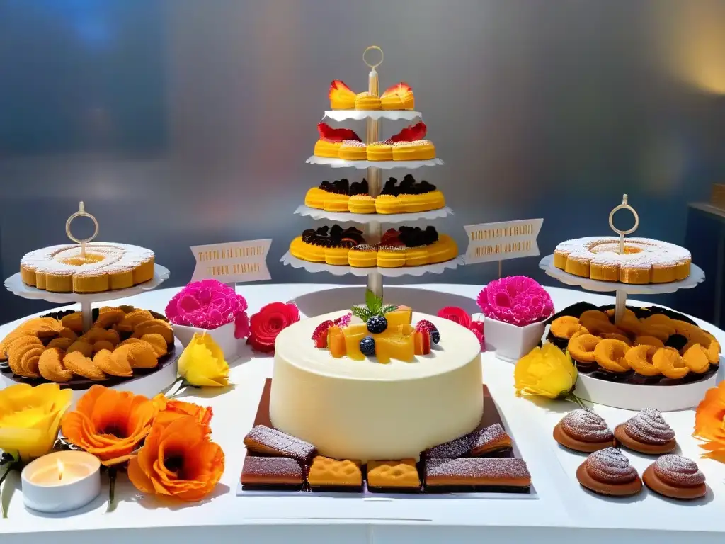 Postres tradicionales para boda multicultural: mesa de dulces coloridos con churros, alfajores, tres leches, flan y arroz con leche