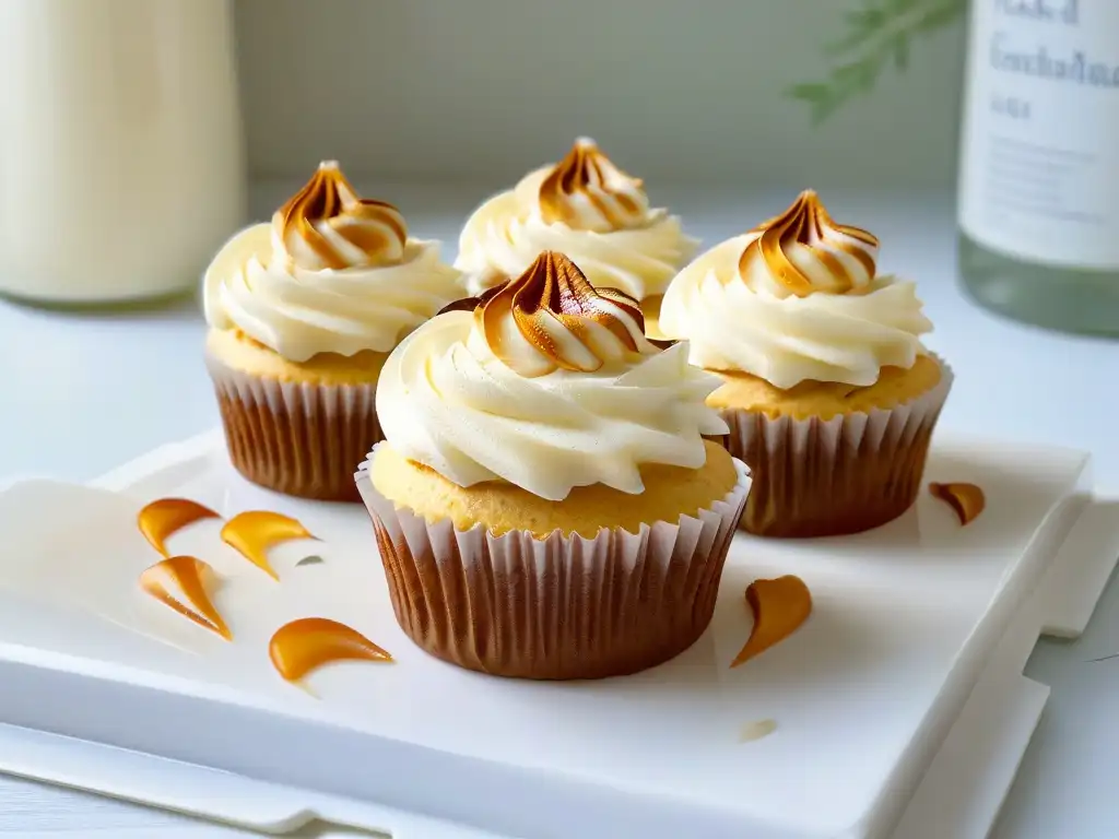 Postres veganos con leche de almendras: Detalle de un cupcake vegano de almendra perfectamente glaseado, decorado con una rebanada de almendra