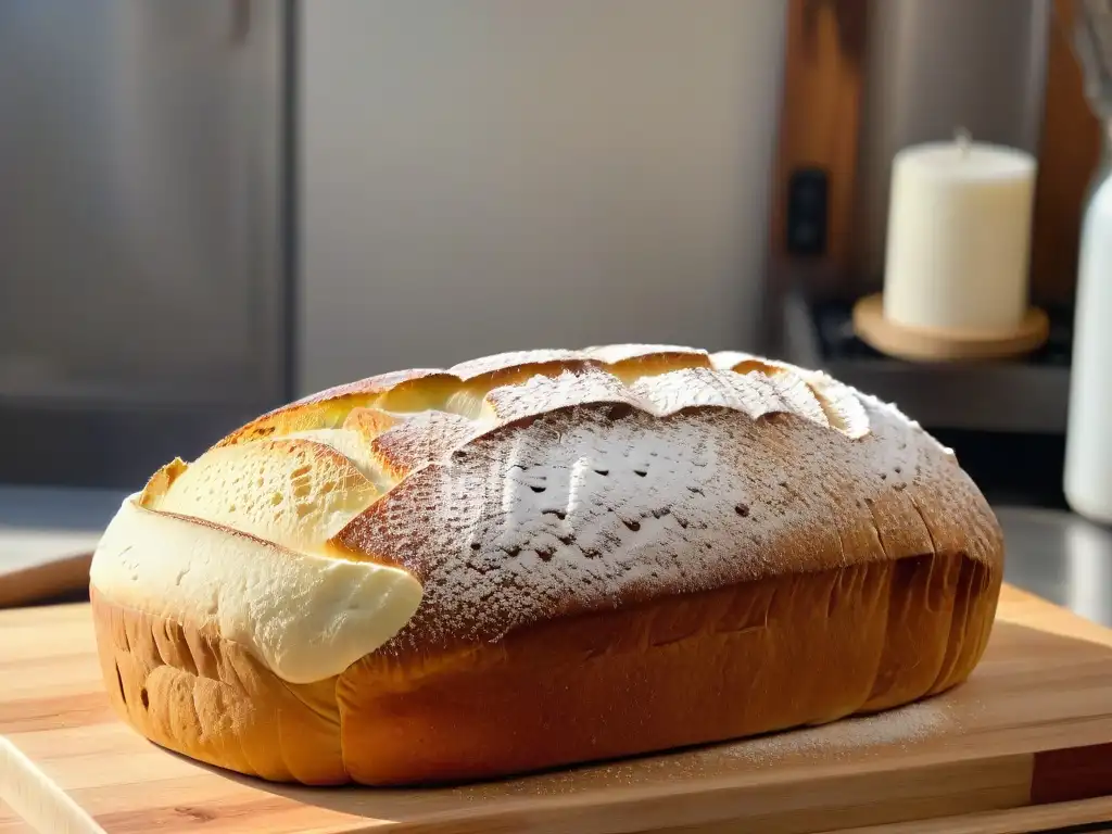 Precioso pan de masa madre recién horneado con corteza dorada, textura perfecta y beneficios para repostería, en tabla de madera rústica