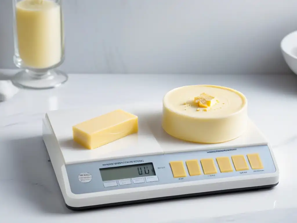 Balanza de cocina: mantequilla dorada y margarina cremosa La precisión del mejor ingrediente para horneados: mantequilla y margarina, doradas y suaves sobre mármol blanco