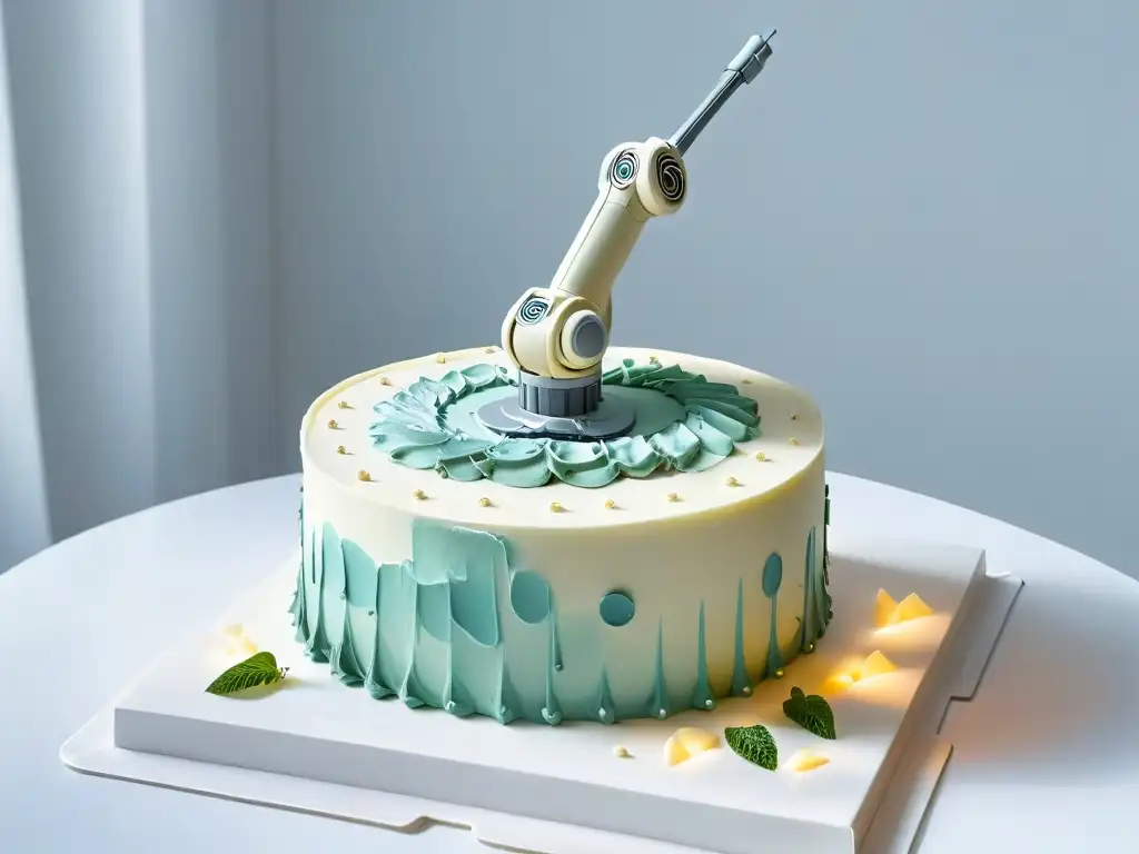 Predicciones repostería robótica futuro: Un brazo robótico decorando una tarta con precisión y tecnología avanzada