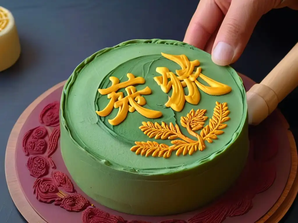 Preparación del Festival de Otoño: manos moldeando diseños tradicionales en un mooncake con precisión y arte