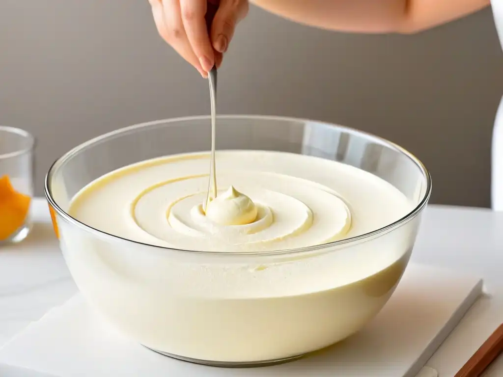 Preparación de receta auténtica tiramisú sin huevo en elegante bol de vidrio, mezcla cremosa de mascarpone