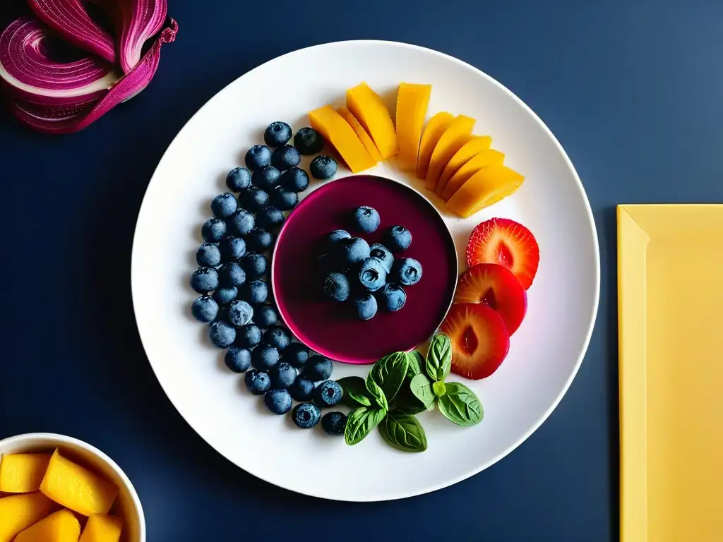 Una presentación artística de colorantes alimentarios naturales saludables en frutas y verduras cortadas en una placa blanca