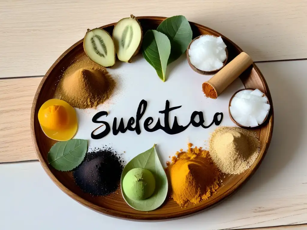 Selección de endulzantes naturales: stevia, monk fruit, eritritol y azúcar de coco en armonía Una presentación elegante de endulzantes naturales para diabéticos seguros en una superficie de madera clara, iluminada suavemente