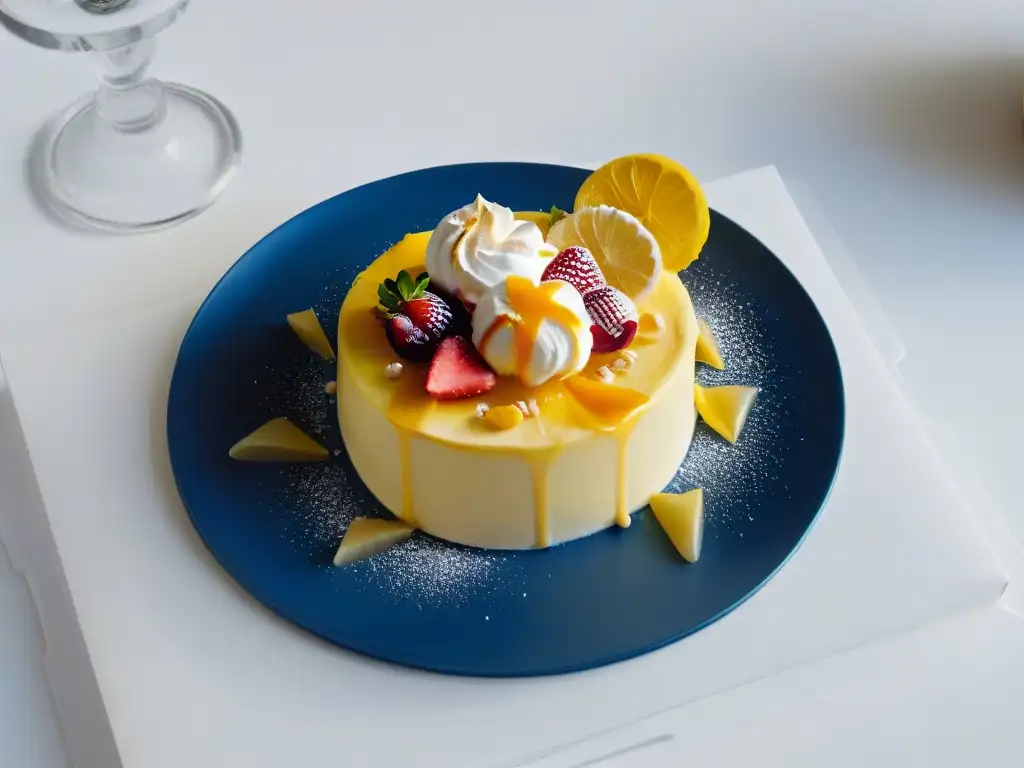 Una presentación moderna y elegante de un postre de tarta de limón desestructurada en estilo repostería contemporánea arte culinario