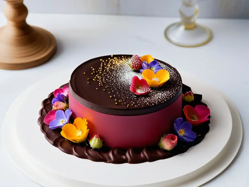 Una presentación de postre de cumpleaños innovadora para el 2023 con un elegante plato negro y un diseño geométrico de flores y hojas doradas, destacando mousse de chocolate, coulis de frambuesa y brillo comestible