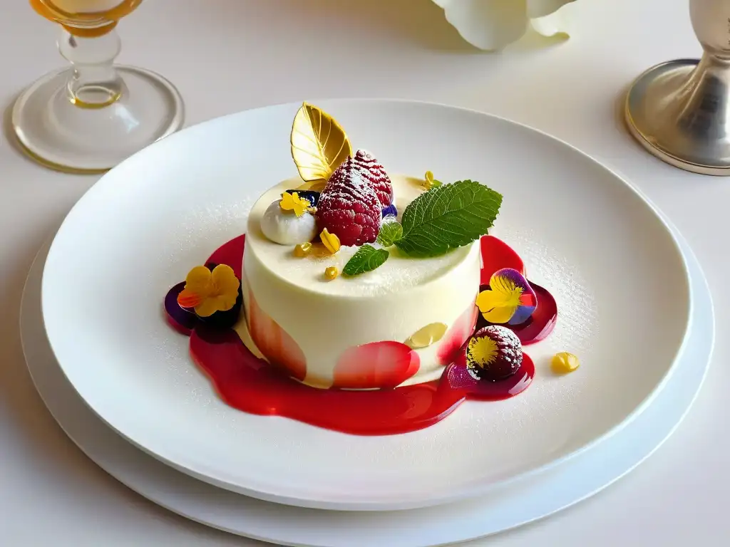 Presentación de postres de lujo en alta cocina: helado de vainilla con hojas de oro, coulis de frambuesa y decoración elegante