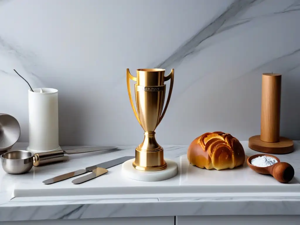 Preparación para el primer concurso de repostería: trofeo dorado brillante rodeado de utensilios de cocina en elegante encimera de mármol