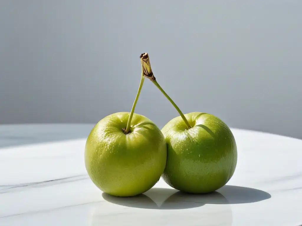 Un primer plano detallado de un delicado edulcorante sin calorías Monk Fruit sobre una encimera de mármol blanco