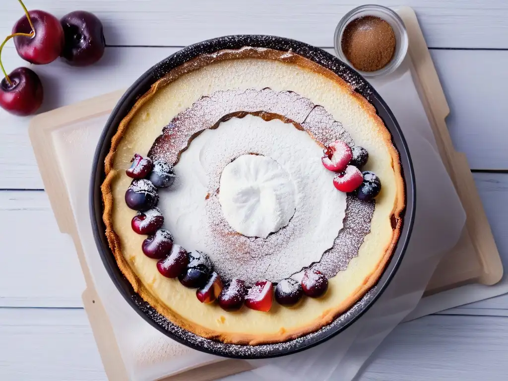 Proceso detallado de preparación de clafoutis de cerezas en mesa rústica