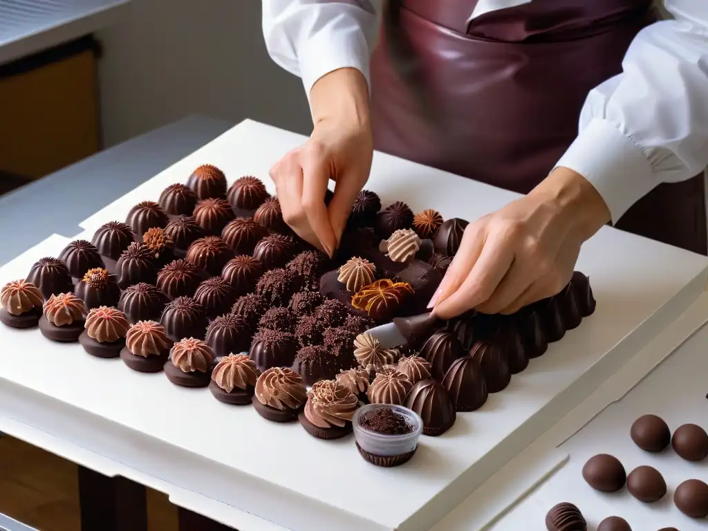 El proceso meticuloso de llenar bombones caseros con ganache de chocolate, destacando la artesanía