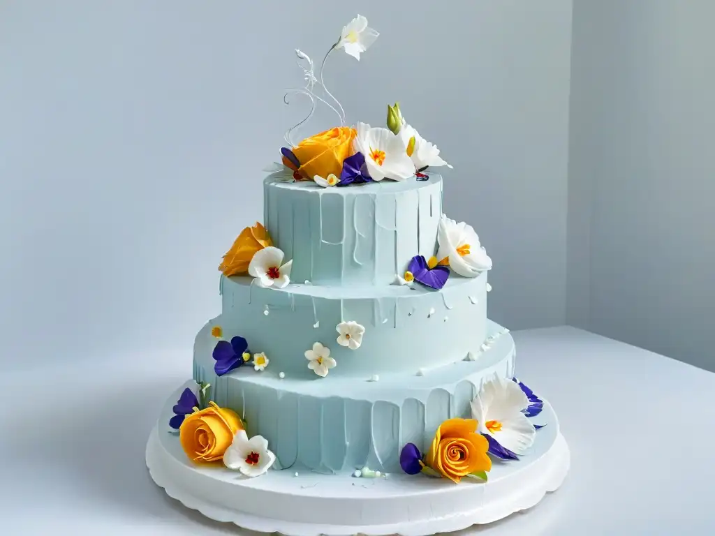 Fotografía profesional de una exquisita tarta decorada con detalle y flores comestibles en un fondo blanco