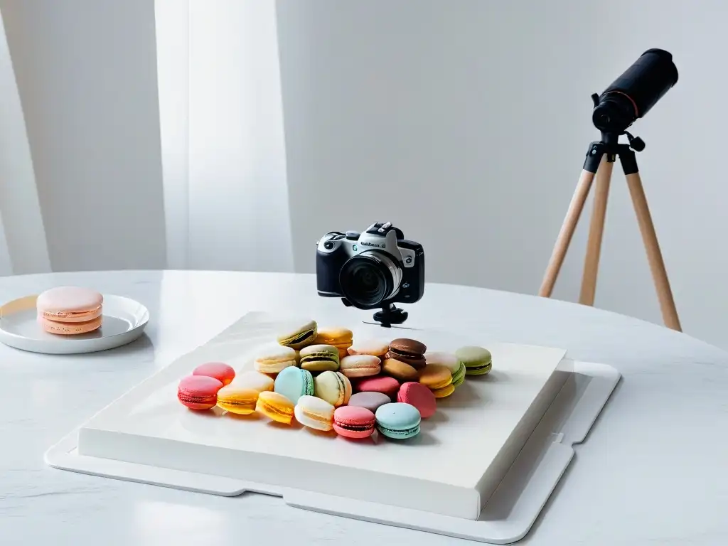 Fotografía profesional repostería realidad aumentada: Estudio minimalista con macarons coloridos y tecnología de vanguardia