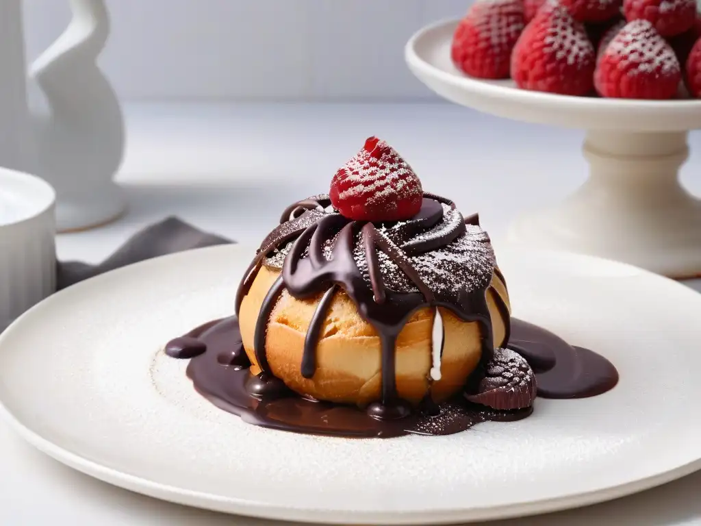 Un profiterol dorado siendo bañado en chocolate oscuro, adornado con frambuesas frescas en un plato blanco